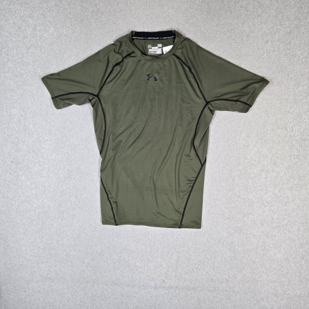 Under Armour Men  Activewear Shirt L Green Compression Heatgear Logo Crew Neck